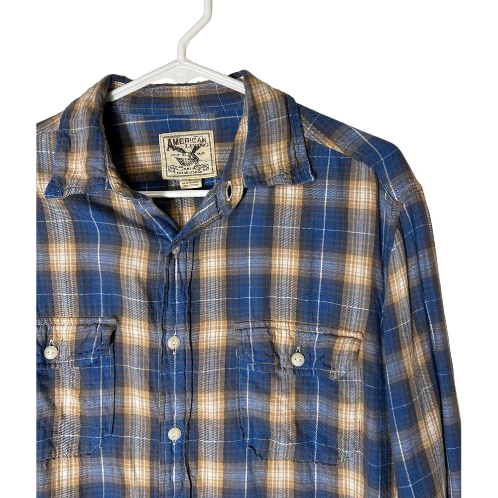 American Living Mens Blue‎ Tan Plaid Flannel Button Down Shirt Size L Cotton